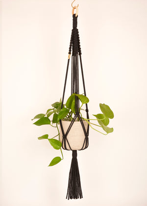 Modern, eco friendly macramé Plant Hanger in Charcoal Black, Block knot style in maxi length (c95cm). Handmade from 100% recycled cotton, with a free brass hanging hook and beautiful eco-friendly gift box. Perfect gift for plant lovers.