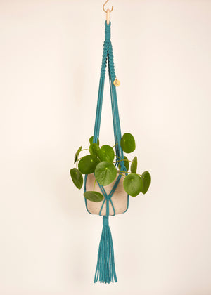 Modern, eco friendly macramé Plant Hanger in Enamel Blue, Block knot style in maxi length (c95cm). Handmade from 100% recycled cotton, with a free brass hanging hook and beautiful eco-friendly gift box. Perfect gift for plant lovers.
