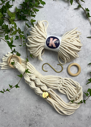 Make your own Macramé Plant Hanger kit in Vanilla cream, with brass S hook, engraved brass Knotted tag and wooden macramé ring.