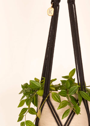 Close up of Charcoal Black macramé Plant Hanger, handmade from 100% recycled cotton
