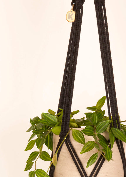 Modern, eco friendly macramé Plant Hanger in Charcoal Black. Handmade from 100% recycled cotton yarn destined for landfill. Comes ready to hang with it's own brass hanging hook in a beautiful eco-friendly gift box. Perfect gift for plant lovers.