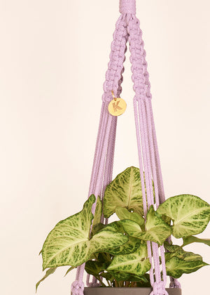 Close up of Block knot style in Lavender macramé Plant Hanger, handmade from 100% recycled cotton