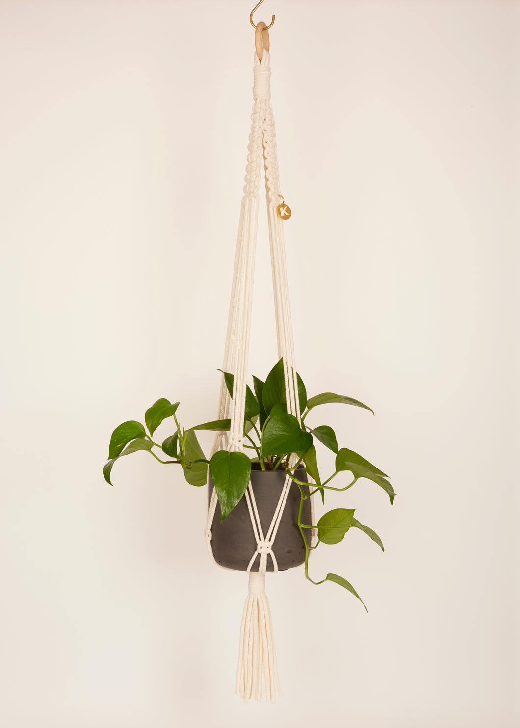 Modern, eco friendly macramé Plant Hanger in Vanilla, Block knot style in maxi length (c95cm). Handmade from 100% recycled cotton, with a free brass hanging hook and beautiful eco-friendly gift box. Perfect gift for plant lovers