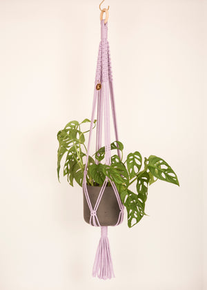 Modern, eco friendly macramé Plant Hanger in Lavender, Block knot style in maxi length (c95cm). Handmade from 100% recycled cotton, with a free brass hanging hook and beautiful eco-friendly gift box. Perfect gift for plant lovers.
