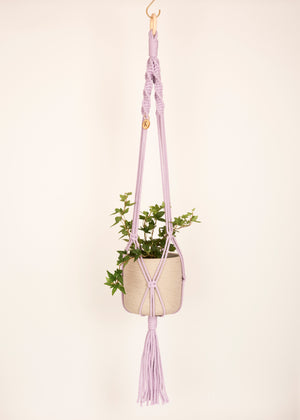 Modern, eco friendly macramé Plant Hanger in Lavender, Twisted knot style in maxi length (c95cm). Handmade from 100% recycled cotton, with a free brass hanging hook and beautiful eco-friendly gift box. Perfect gift for plant lovers