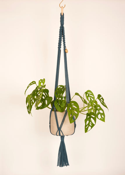 Modern, eco friendly macramé Plant Hanger in Peacock Blue, Block knot style in maxi length (c95cm). Handmade from 100% recycled cotton, with a free brass hanging hook and beautiful eco-friendly gift box. Perfect gift for plant lovers