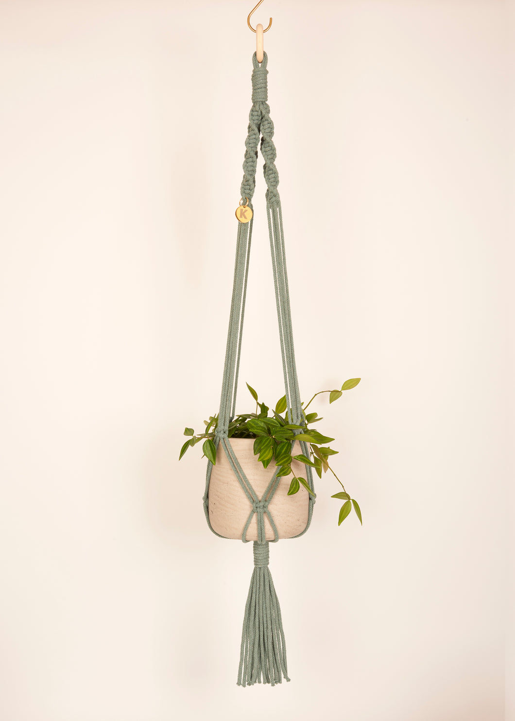 Stylish and eco-conscious Maxi Plant Hanger in Sage, handmade in UK from 100% recycled cotton, with a free hook and gift options