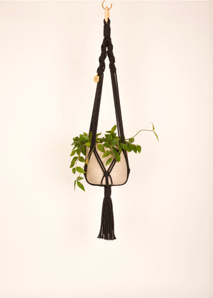 Modern, eco friendly macramé Plant Hanger in Charcoal Black, Twisted knot style in midi length (c75cm). Handmade from 100% recycled cotton, with a free brass hanging hook and beautiful eco-friendly gift box. Perfect gift for plant lovers.