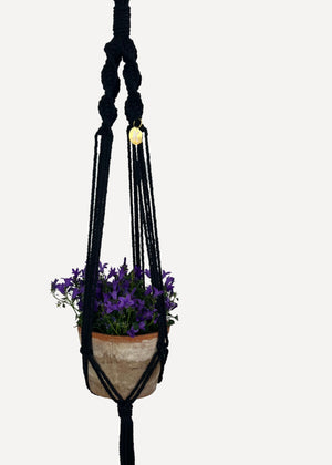 Black Outdoor Plant Hanger handmade from 100% cotton and treated with eco-friendly waterproof spray, shown here with a Campanula