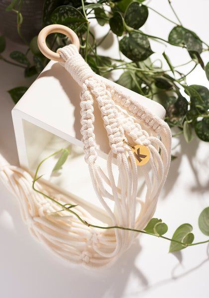 Modern, eco friendly macramé Plant Hanger in Vanilla, Block knot style. Handmade from 100% recycled cotton, with a free brass hanging hook and beautiful eco-friendly gift box. Perfect gift for plant lovers.
