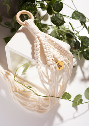 Modern, eco friendly macramé Plant Hanger in Vanilla, Block knot style in midi length (c75cm). Handmade from 100% recycled cotton, with a free brass hanging hook and beautiful eco-friendly gift box. Perfect gift for plant lovers