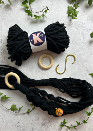 Make your own Macramé Plant Hanger kit in Charcoal Black, with brass S hook, engraved brass Knotted tag and wooden macramé ring.