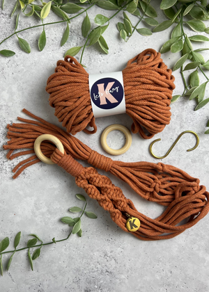 Make your own Macramé Plant Hanger kit in Terracotta, with brass S hook, engraved brass Knotted tag and wooden macramé ring.