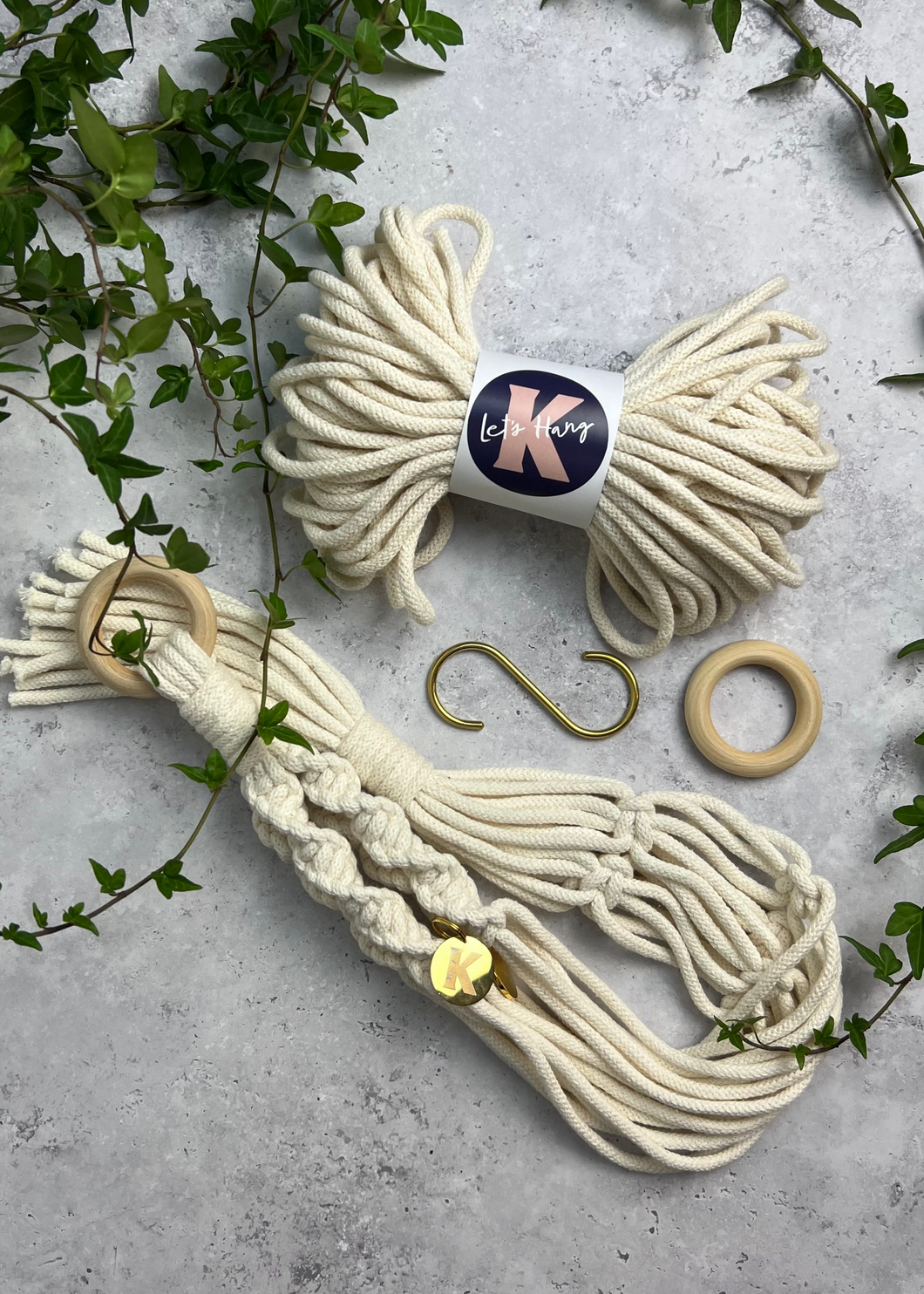 Make your own Macramé Plant Hanger kit in Vanilla, with brass S hook, engraved brass Knotted tag and wooden macramé ring.