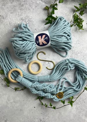 Make your own Macramé Plant Hanger kit in China Blue, with brass S hook, engraved brass Knotted tag and wooden macramé ring.