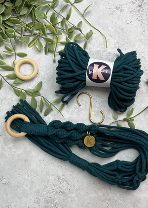 Make your own Macramé Plant Hanger kit in Peacock, with brass S hook, engraved brass Knotted tag and wooden macramé ring.