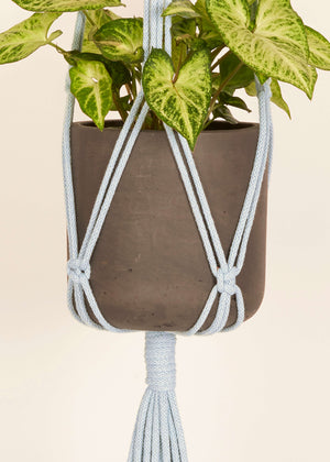Close up of China Blue macramé Plant Hanger, handmade from 100% recycled cotton. 